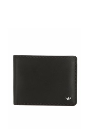 Portefeuille noir en cuir bifold avec coutures visibles et petit emblème argenté dans le coin inférieur droit sur fond blanc.