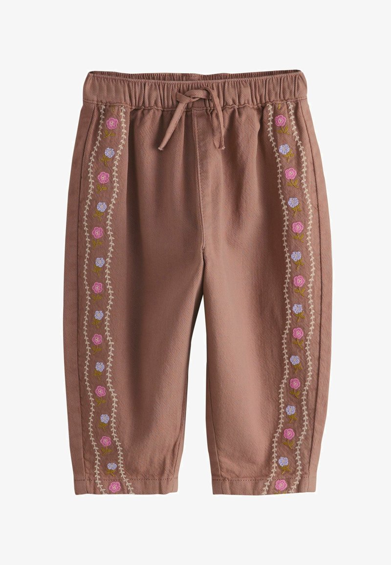 Pantalon marron pour tout-petit avec taille élastique, cordon de serrage et rayures verticales brodées de motifs floraux en rose, violet et vert le long des jambes.