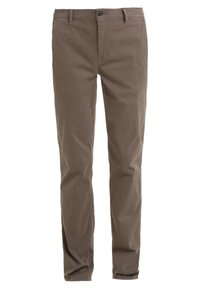 Bruna bomullschinos med rak passform, med dragkedja, knappstängning och fram- och bakfickor. Slät textur.