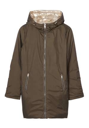 Manteau rembourré vert olive avec un intérieur doré brillant, capuche réglable et deux poches zippées sur les côtés. Comprend une fermeture éclair sur le devant.