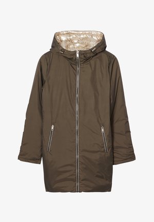 Olivgrüner, gepolsterter Mantel mit glänzendem goldenen Innenfutter, verstellbare Kapuze und zwei seitlichen Reißverschlusstaschen. Mit einem Reißverschluss vorne.