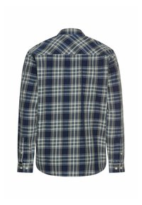 Langarm geruite shirt in marineblauw, beige en grijs, met knopenmanchetten, een standaardkraag en een schouderstuk op de achterkant.