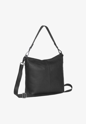 Black leather shoulder bag with a structured shape, featuring a top zipper, adjustable strap, and subtle logo detail on the front.