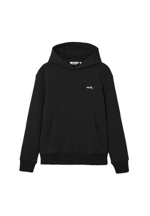 Sudadera negra con capucha, bolsillo tipo canguro en la parte delantera y pequeño logo blanco de Ellesse en el pecho izquierdo.