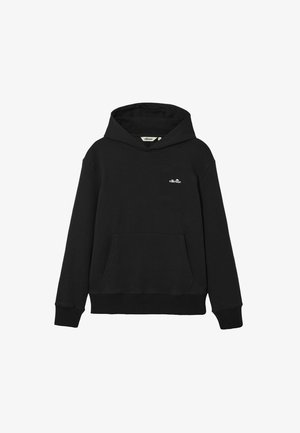 Sudadera negra con capucha, bolsillo tipo canguro en la parte delantera y pequeño logo blanco de Ellesse en el pecho izquierdo.