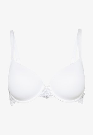 White padded bra with lace accents, adjustable straps, and a bow detail at the center. Smooth texture and contoured cups for support.