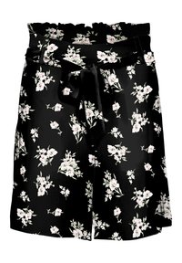 Czarne szorty w kwiaty wykonane z lekkiego materiału, z falbanistym paskiem w talii, wiązaniem w pasie oraz wzorem małych białych i różowych kwiatków.