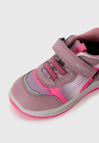 Lila und rosa Kinderturnschuhe mit Klettverschluss, elastischen Schnürsenkeln, gepolstertem Kragen und Gummisohle auf weißem Hintergrund.