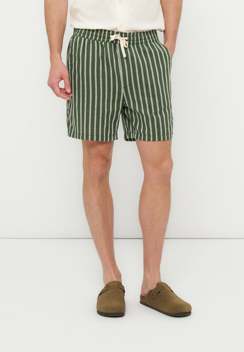 Άντρας που φοράει πράσινα και άσπρα κατακόρυφα ριγέ σορτς με κορδόνι, καφέ παπούτσια χωρίς κορδόνια και λευκό πουκάμισο μέσα από το παντελόνι.