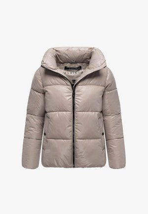 Puffy beige jasje met hoge kraag, voorrits en drukknoopjes, met gestikte panelen en een gladde, glanzende afwerking.