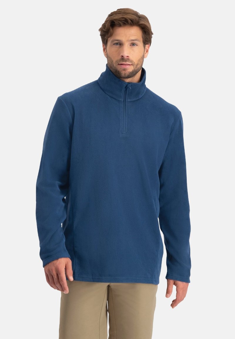 Marineblauwe fleece trui met een hoge kraag, halfrits ontwerp, lange mouwen en een gladde textuur. Minimalistische details en effen kleur.