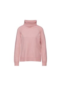 Rosa gestrickter Pullover mit hohem Kragen, ausgestattet mit zwei Knöpfen an der Seite und Rippbündchen an den Ärmeln sowie am Saum. Weiche Textur und lockere Passform.