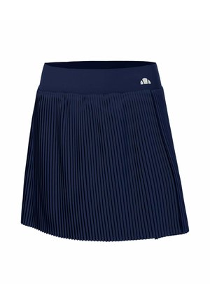 Marineblauwe geplooide rok met brede tailleband en klein wit logo aan de rechterkant.