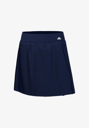 Falda azul marino plisada con cinturilla ancha y pequeño logo blanco en el lado derecho.
