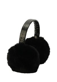 Bandeau noir avec des pompons en fausse fourrure, un serre-tête noir en relief crocodile, et un accent de logo métallique sur le côté. Texture douce partout.