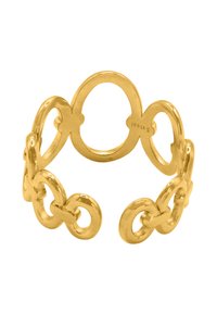 Anello in metallo dorato con un design a catena collegata che presenta forme circolari e ovali, finitura lucida e struttura a banda aperta.