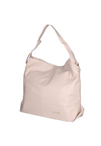 Borsa a spalla in pelle rosa chiaro con un design morbido, una singola tracolla regolabile e un logo sottile impresso sul davanti.