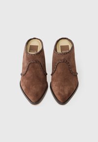 Botines de ante marrón con punta afilada, que presentan un detalle trenzado a lo largo del borde superior y una suela plana.