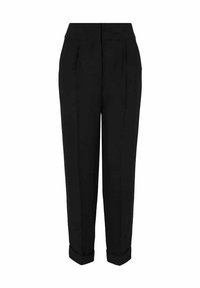 Pantaloni neri con vita alta, pinces e orli arrotolati. Realizzati in un tessuto liscio con una vestibilità sartoriale, offrono una silhouette strutturata.