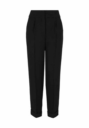 Pantaloni neri con vita alta, pinces e orli arrotolati. Realizzati in un tessuto liscio con una vestibilità sartoriale, offrono una silhouette strutturata.