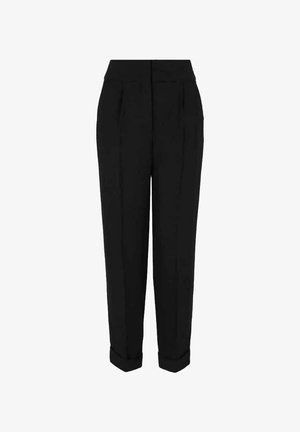 Pantaloni neri con vita alta, pinces e orli arrotolati. Realizzati in un tessuto liscio con una vestibilità sartoriale, offrono una silhouette strutturata.