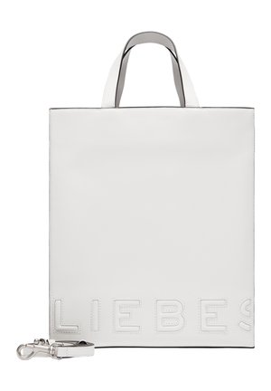 Biała skórzana torba tote z wytłoczonym napisem "LIEBES". Posiada górne uchwyty i odczepiany pasek, charakteryzuje się eleganckim, minimalistycznym designem.