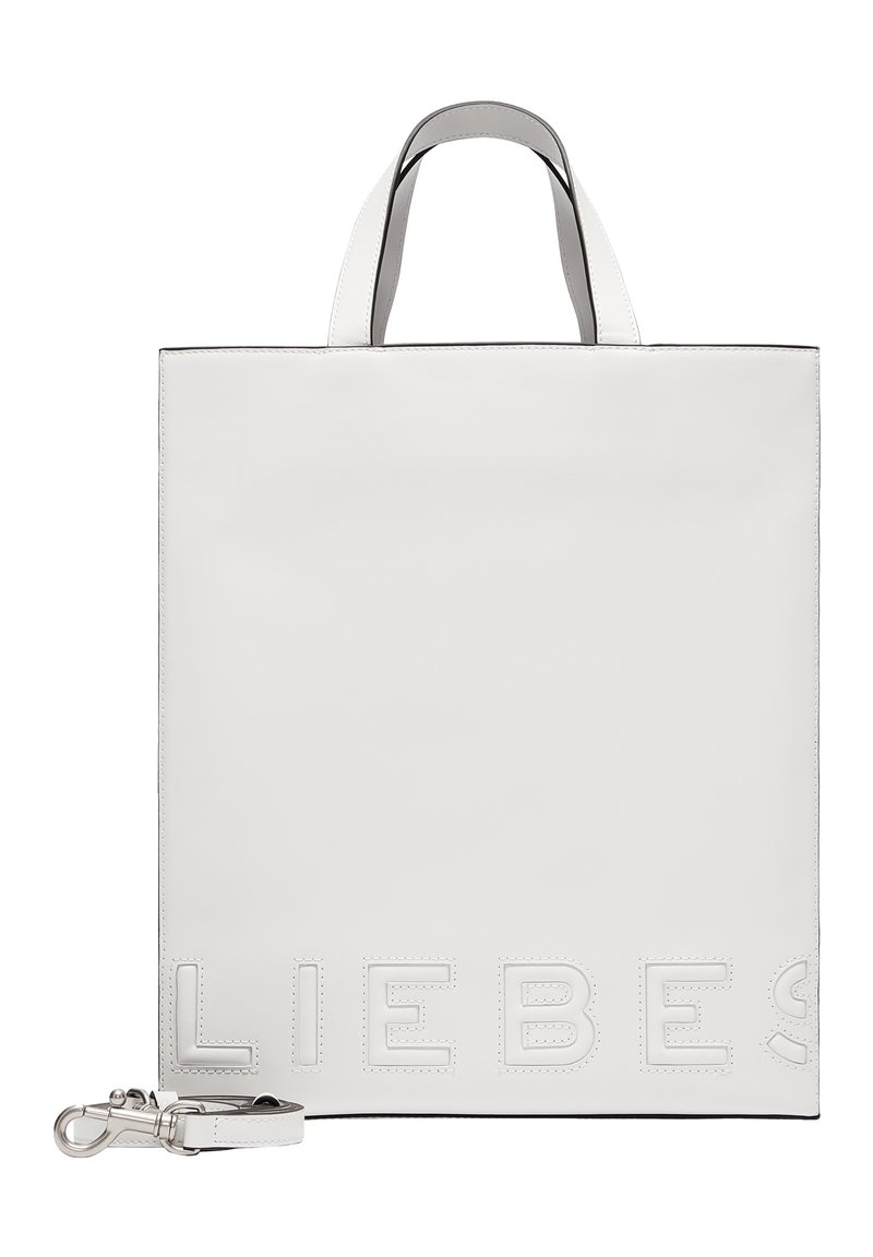 Biała skórzana torba tote z wytłoczonym napisem "LIEBES". Posiada górne uchwyty i odczepiany pasek, charakteryzuje się eleganckim, minimalistycznym designem.