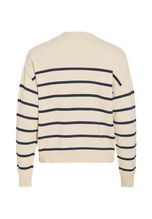 Cremefarbener Pullover mit marineblauen Streifen, rundem Ausschnitt und langen Ärmeln. Weiche Textur mit gerippten Bündchen und Saum. Einfaches Streifenmuster.