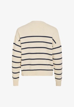 Cremefarbener Pullover mit marineblauen Streifen, rundem Ausschnitt und langen Ärmeln. Weiche Textur mit gerippten Bündchen und Saum. Einfaches Streifenmuster.