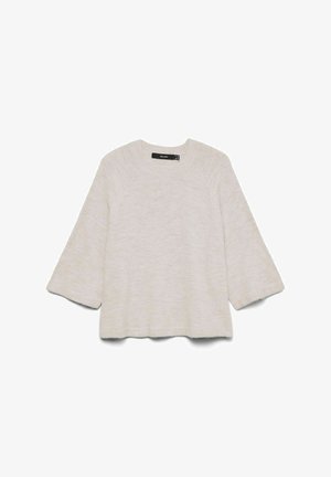 Maglione beige chiaro realizzato in materiale morbido, con scollo rotondo, maniche a tre quarti e una vestibilità ampia e squadrata.