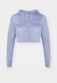 Sudadera corta de color púrpura claro con un diseño de malla texturizada, cremallera frontal, capucha con cordón y puños elásticos, que presenta un pequeño logo blanco.