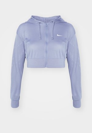 Lichtpaarse cropped hoodie met een gestructureerd meshontwerp, voorkant met ritssluiting, trekkoordcapuchon en elastische manchetten, met een klein wit logo.