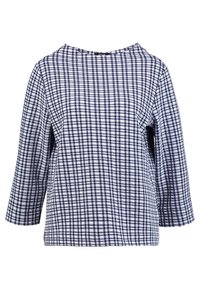 Marinblå och vit rutigt plagg med trekvartsärmar, rund halsringning och en avslappnad passform. Tyget verkar vävt med en strukturerad yta.