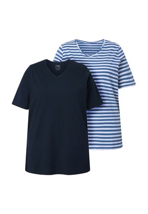 Two short-sleeve V-neck shirts, one solid navy blue and one with blue and white horizontal stripes, displayed side by side.