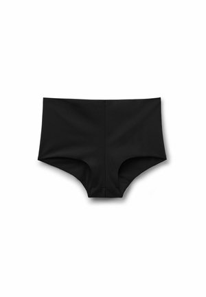 Schwarze, hoch taillierte nahtlose Damenunterwäsche, flach auf einem weißen Hintergrund gelegt.