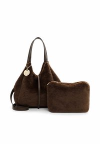 Brown fur-textured handbag with dark brown leather handles, featuring a round tag; includes a matching brown pouch with a zip closure.