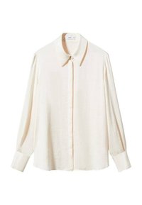 Blouse crème à manches longues avec col pointu, fermeture devant cachée par des boutons et poignets boutonnés, posée à plat sur fond blanc.