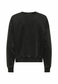 Sweat-shirt gris charbon à coupe décontractée, encolure ronde, épaules basses, ourlet et poignets côtelés. Tissu doux avec une texture légèrement usée.