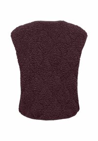 Veste sans manches texturée marron foncé avec un col montant, présentée de dos sur fond blanc.