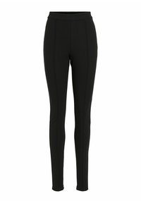 Sorte leggings lavet af strækbart materiale med høj talje, der har lodrette sømdetaljer og en glat tekstur gennem hele stoffet.