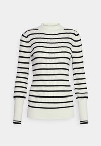 Maglione a collo alto a coste bianco con strisce orizzontali nere, caratterizzato da maniche lunghe aderenti e dettagli a righe su polsini e orlo.