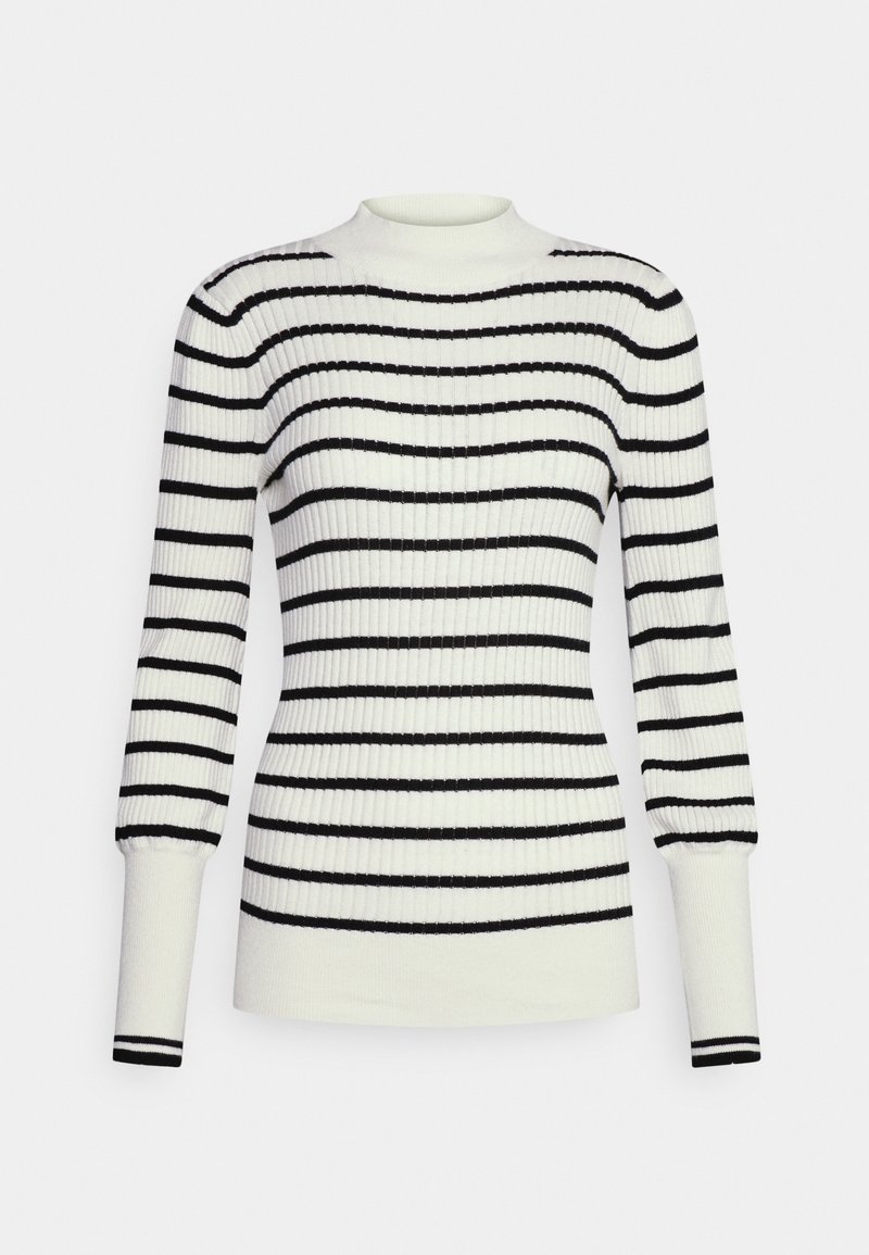 Maglione a collo alto a coste bianco con strisce orizzontali nere, caratterizzato da maniche lunghe aderenti e dettagli a righe su polsini e orlo.