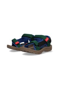 Tweedelige sandalen met een blauw en groen ontwerp, verstelbare banden, een gevoerde voetbed en een gestructureerde bruine rubberen zool.