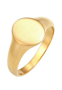 Gold ring with a smooth, rounded band and a flat, brushed circular face. The metal has a polished finish with subtle texture.