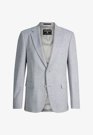 Lichtgrijs herensakko met twee knopen, inkeping revers, klepzakken en een patroon binnenvoering van Strellson.