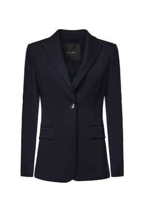 Blazer su misura blu navy scuro con chiusura a un bottone, rever con intaglio, maniche lunghe e due tasche con pattina sul davanti.