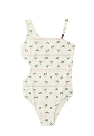 Maillot de bain crème asymétrique avec motif de palmiers verts et petit détail de perle brune sur la bretelle droite.