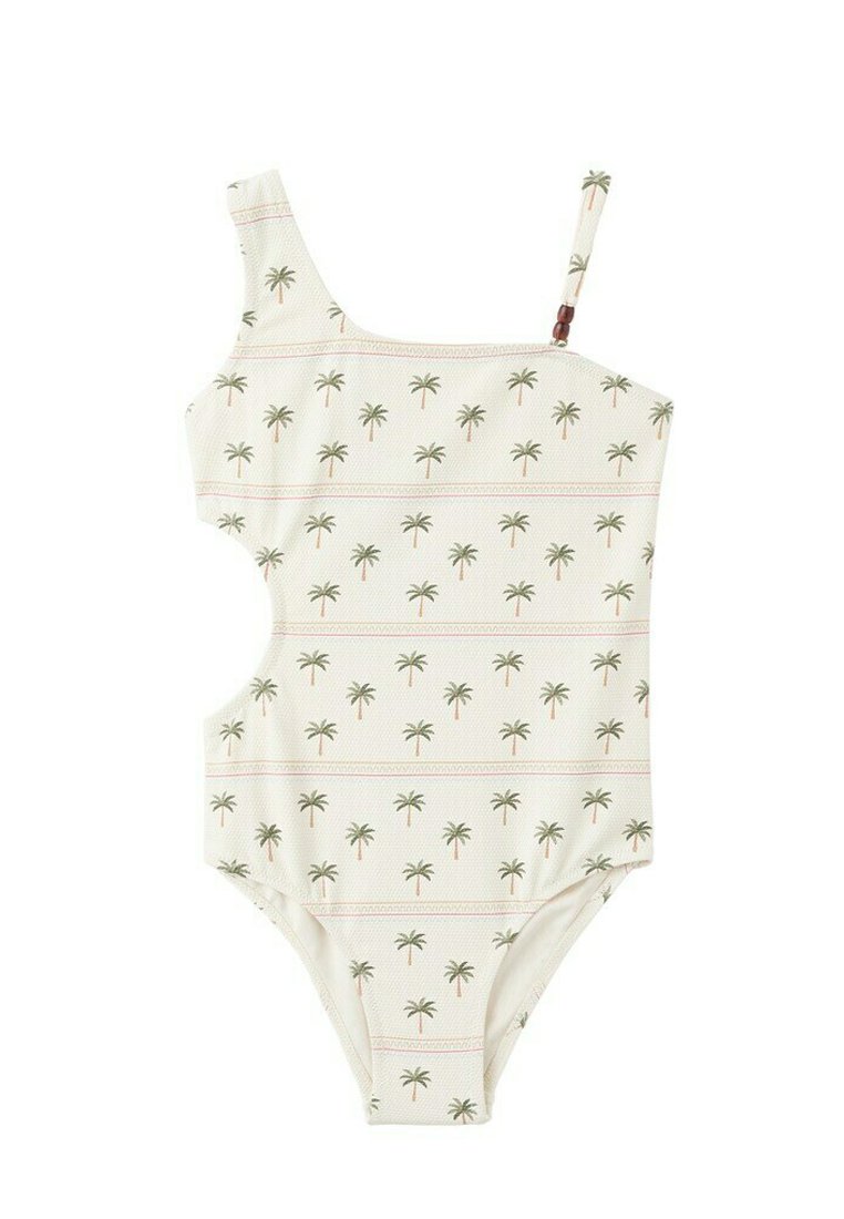 Maillot de bain crème asymétrique avec motif de palmiers verts et petit détail de perle brune sur la bretelle droite.