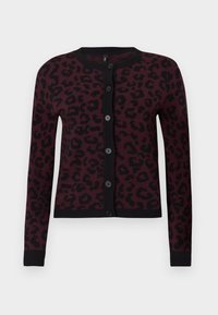 Burgundy cardigan with black leopard print, ribbed cuffs, round neckline, and six black buttons down the front. Soft knit material.