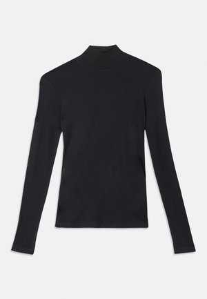 Top preto de manga longa com gola alta, feito de um tecido macio e elástico; design ajustado com construção sem costuras.